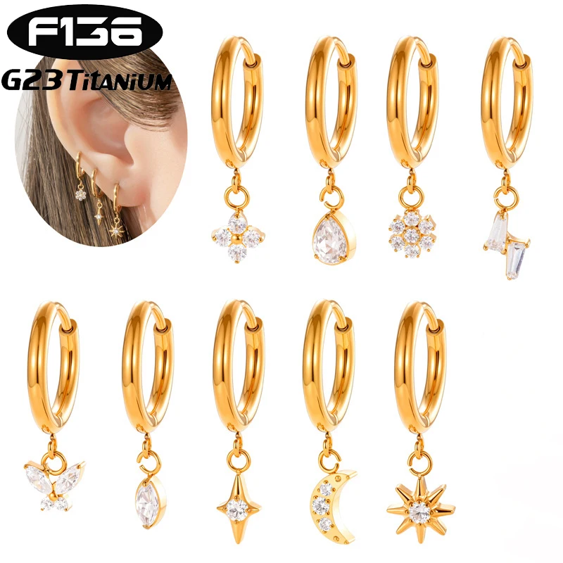 

2PC G23 Titanium Hinged Cartilage Earrings Zircon Lightning Flower Pendant Helix Conch Ear Clip Rook Lobe Piercing Goth Jewelry