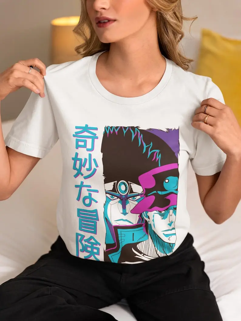 Camiseta unissex Anime Stand Fighter – Estilo mangá retrô dos anos 90, vestuário de batalha japonês icônico, presente exclusivo para Otaku, anime vintage