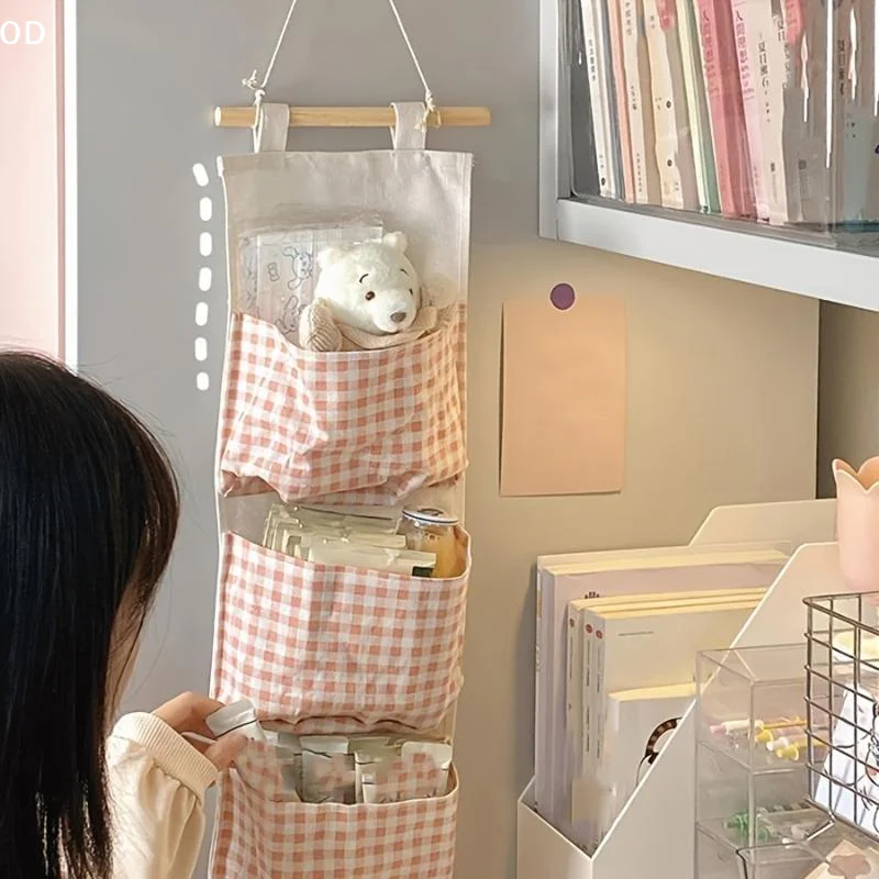 Pink Storage Bag Rack Canvas Wall Mounted Bedroom Storage Bag Multifunctional For Books, Jewelry, And Miscellaneous Items
