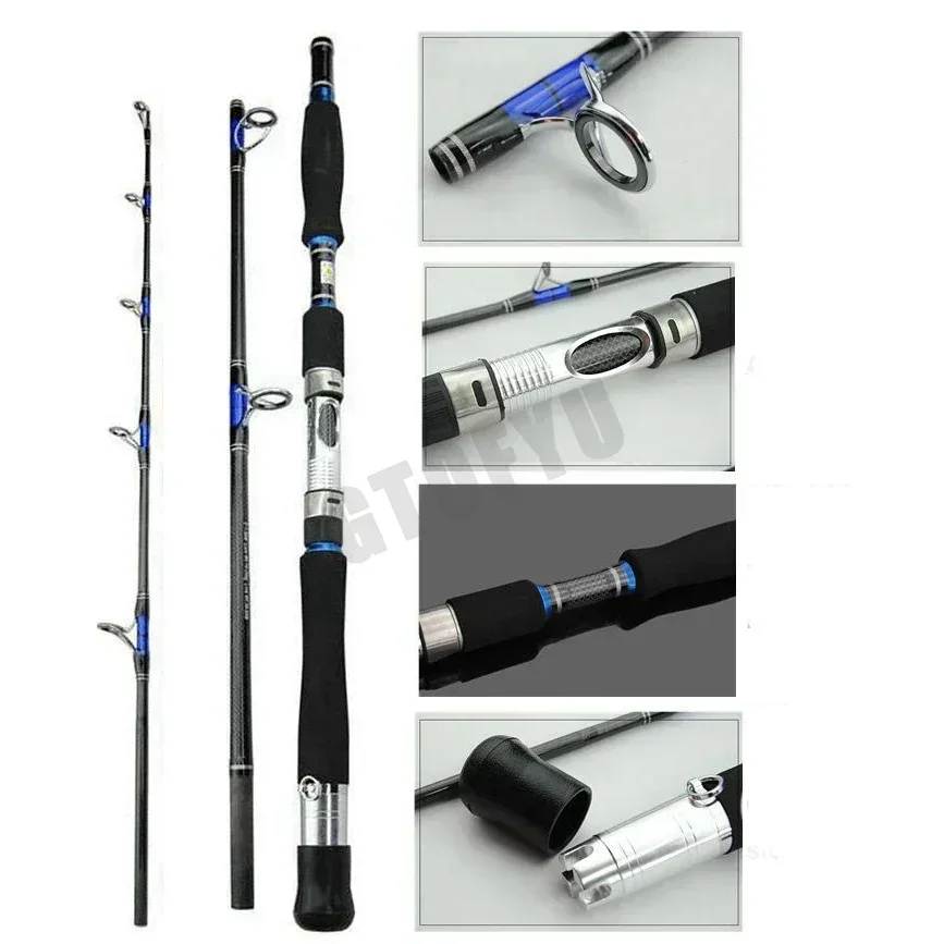 1.8M 2.1M Portable Fishing Rod Travel Surf Saltwater Heavy 3-Piece Carbon Spinning Rod 30-50lb Boat Jigging Trolling Fishing Rod