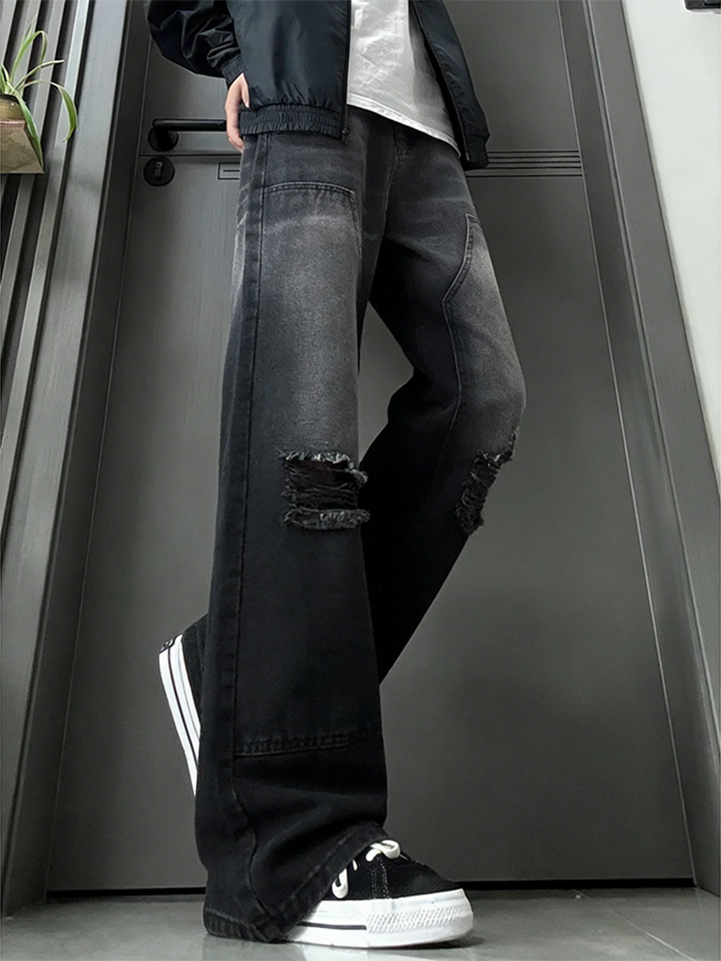 

Cleanfit Men's Bla Ripped Straight Leg Jeans American High Street Vibe Workwear Cotton Polyester Blend Wear Resistant