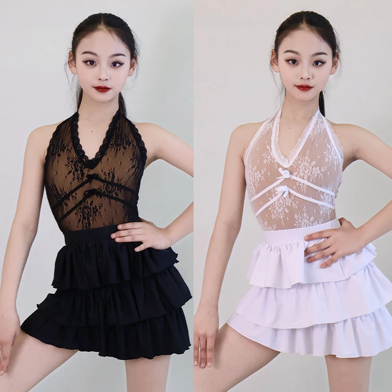 

Kids Latin Dance Dress Hanging Neck Lace Top Skirt Suit Chacha Samba Practice Clothes Performance Costumes Stage Wear DQL12551