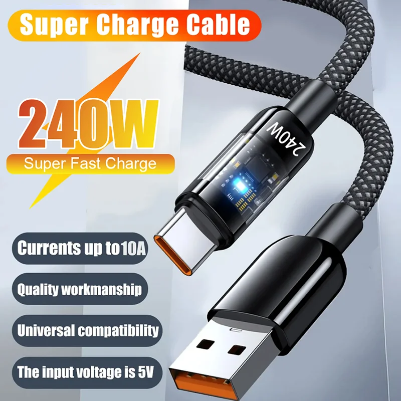 240 W Schnellladekabel vom Typ C, USB-C-Kabel, Nylon-Geflecht, LED-Digitalanzeige, Hochgeschwindigkeits-Ladekabel für Samsung, Huawei, Xiaomi