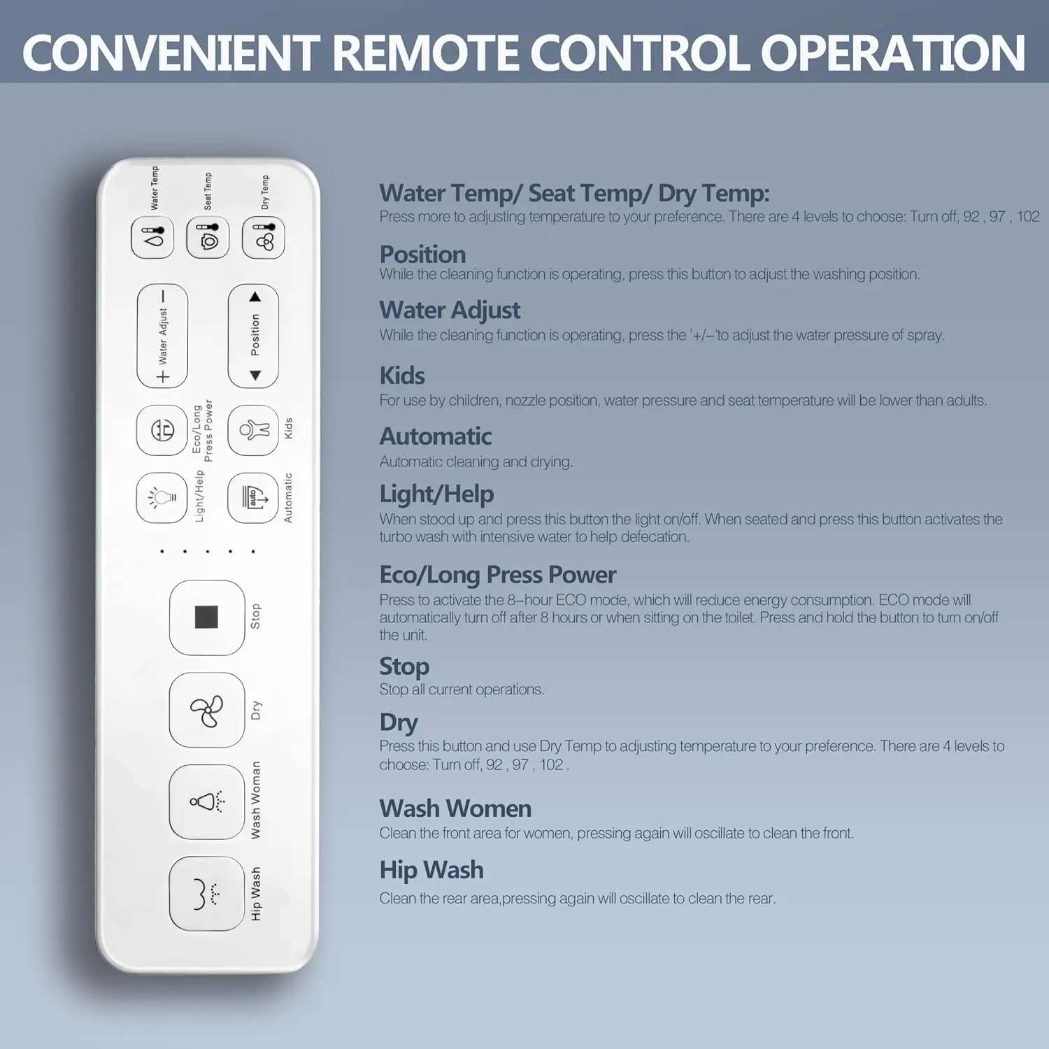 Asiento de inodoro redondo con Control remoto, asiento calentado electrónico con bidé ilimitado, limpieza de agua caliente, secador de aire caliente