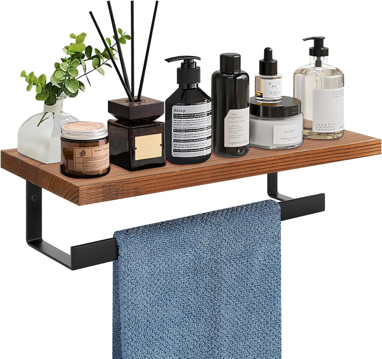 

Матовый черный настенный держатель для полотенец с деревянной полкой, аксессуары для ванной комнаты, квадратная форма 12 дюймов