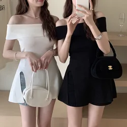 Fashion Off Shoulder Knitted Tops Women Sexy mini dress Casual Slim Split long T-shirt Tee