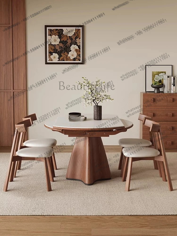 Medieval solid wood rock slab dining table retractable French retro travertine variable round table