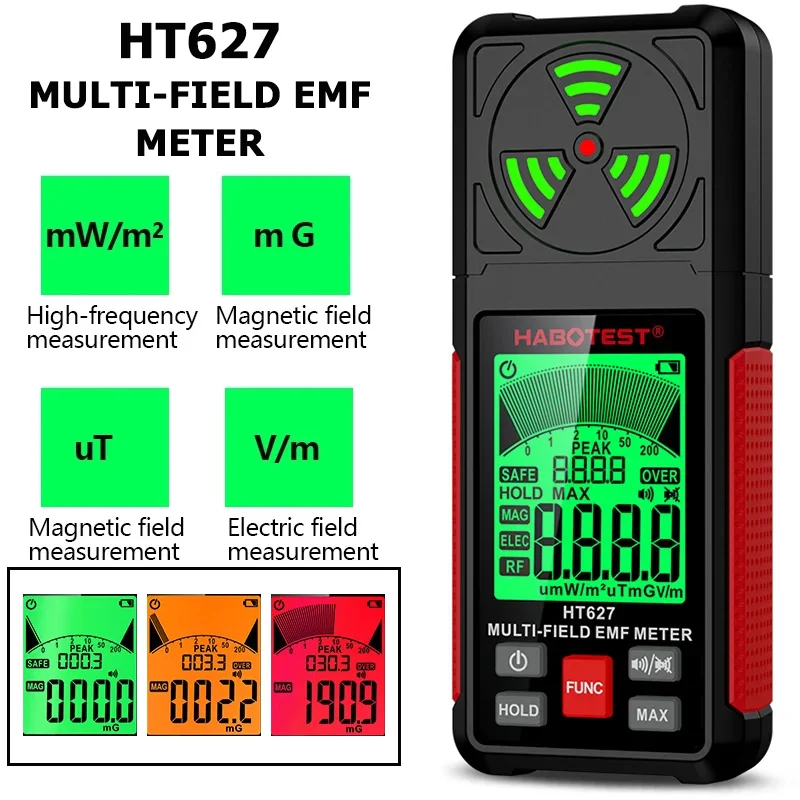 HT627 EMF Meter Professional Electromagnetic Field Radiation Detector Handheld Radio Frequency Warn Meter 3-Colors Backlight
