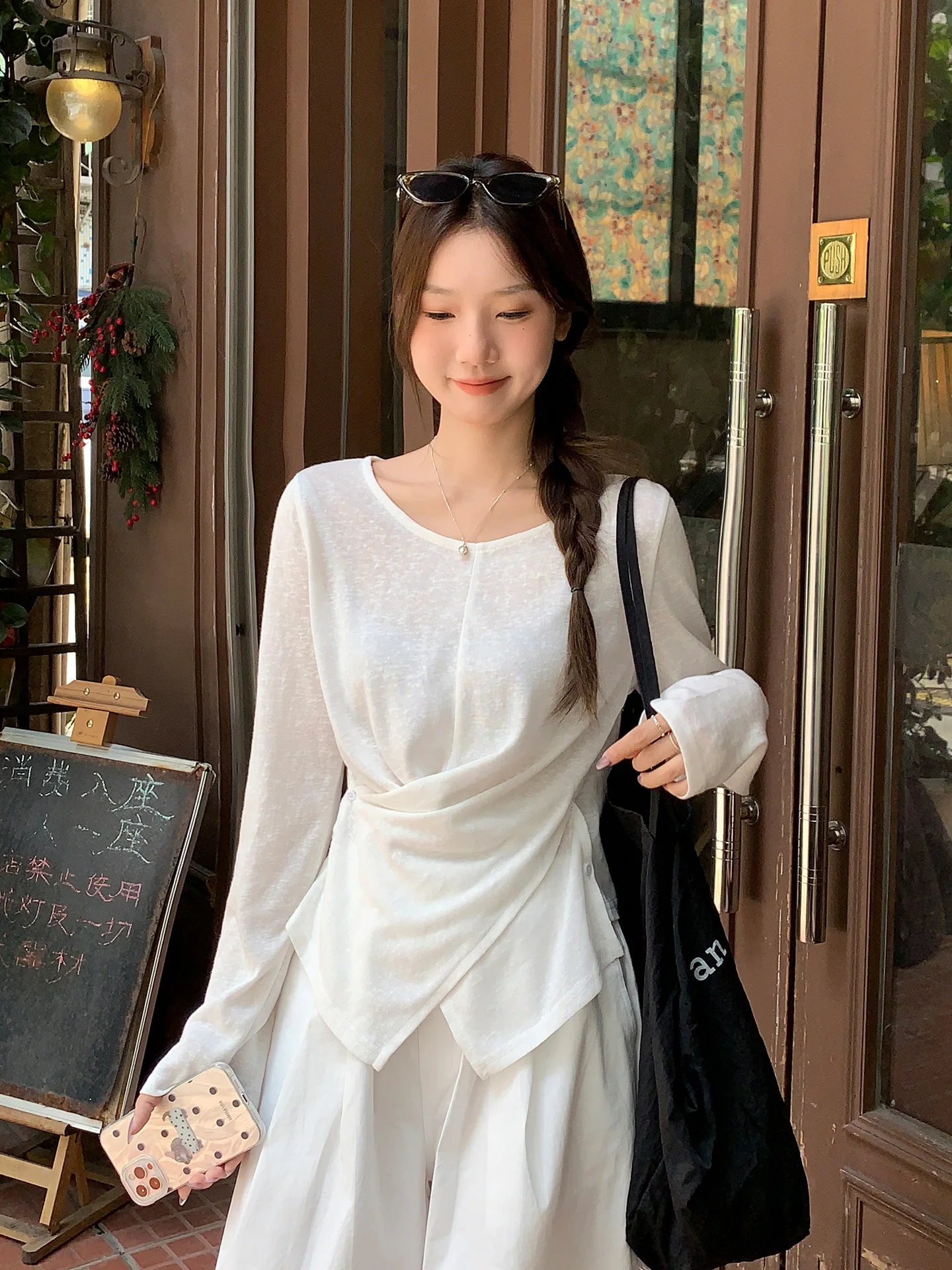 Women White Long Sleeve Top with Twist Front Detail, Round Neck, Semi-Sheer Fabric, Casual Lightweight Blouse