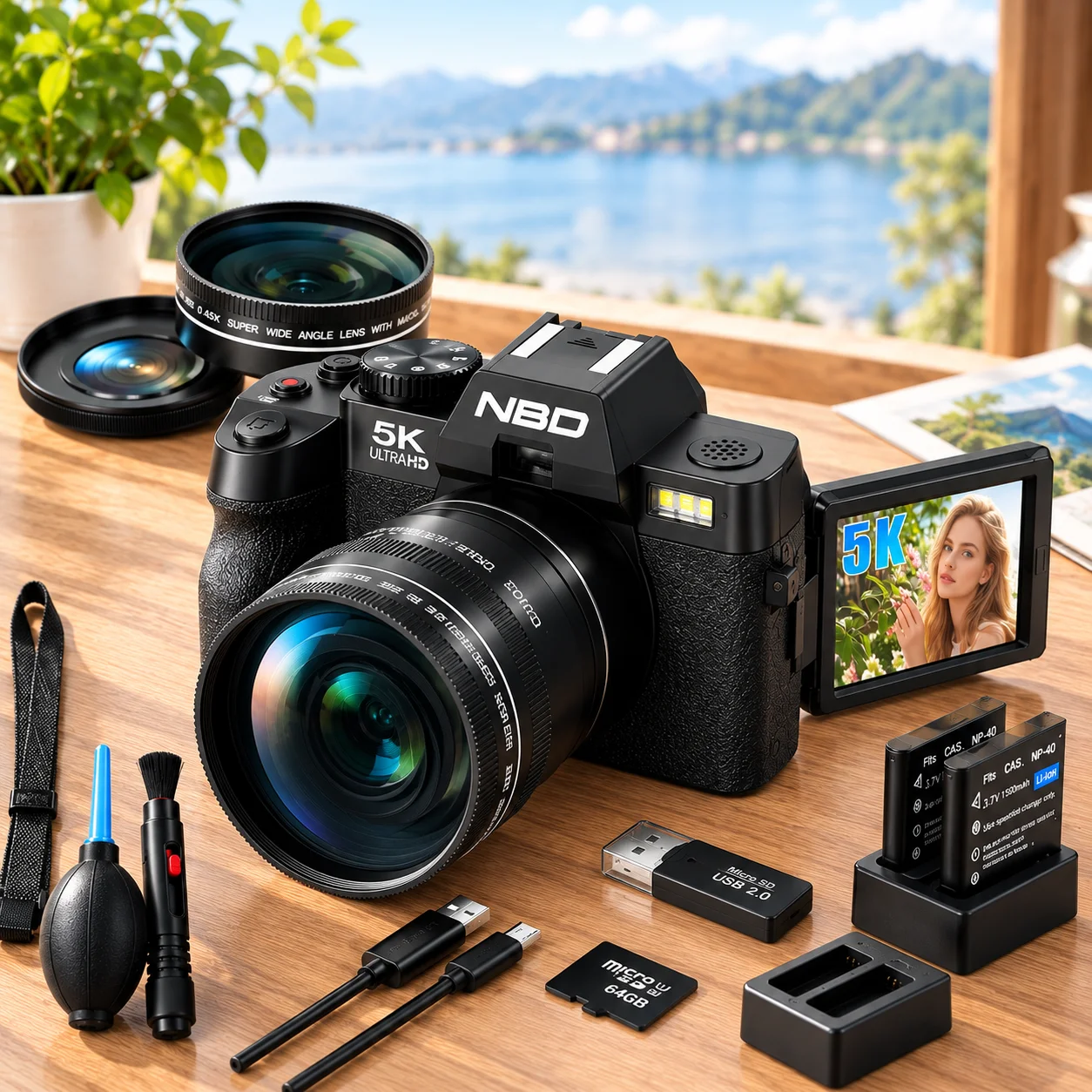 NBD 5K 64MP Digitalkamera, 180 ° Vlogging-Kamera mit Klappbildschirm, Anti-Shake, 16-fach Zoom, WLAN, 64GB TF-Karte im Lieferumfang enthalten