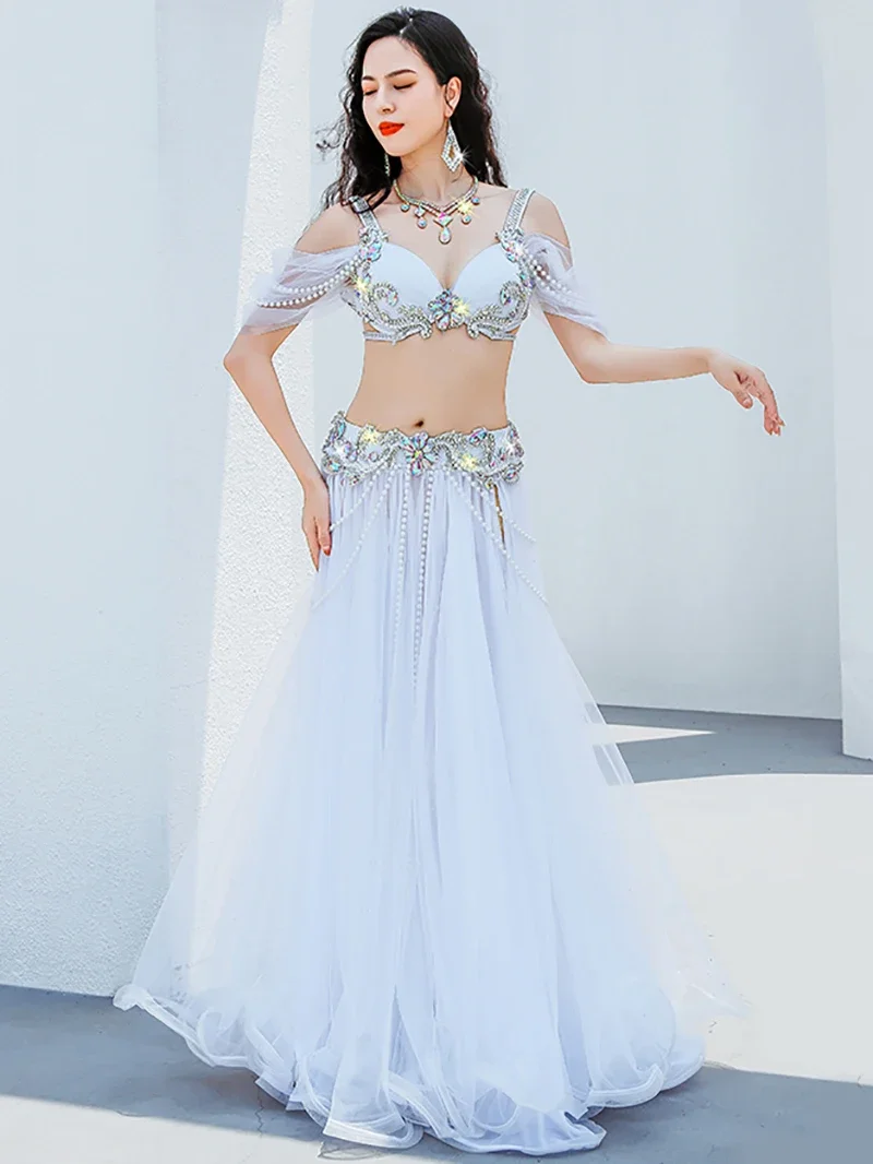 Adult Women Belly Dance Costume Sexy Mesh Flowing Performance Bra Skirt Suit Popsong Opening Dancewear Competition Clothing