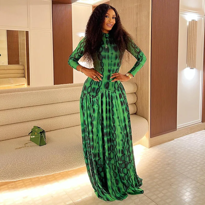 

Stylish Lady Printed Pleated Maxi Dress 2025 Autumn Women Long Sleeve Waist Cinched Elegant OL Party Long Dresses