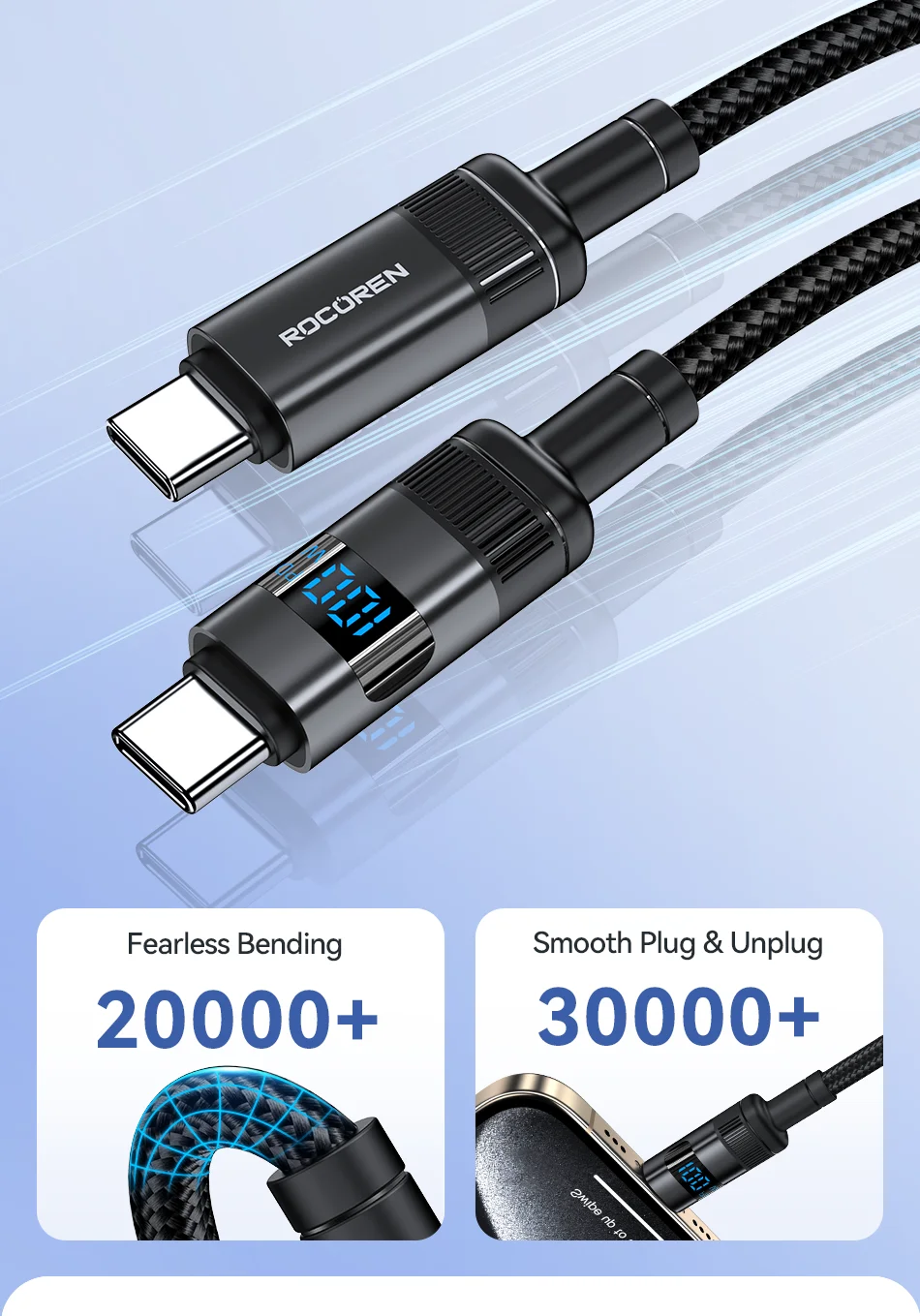 Rocoren 100 W USB-Typ-C-Kabel mit Digitalanzeige 5 A PD3.1 Schnelllade-Typ-C-Kabel für MacBook iPhone 16 15 Pro Samsung Xiaomi – Detail 23