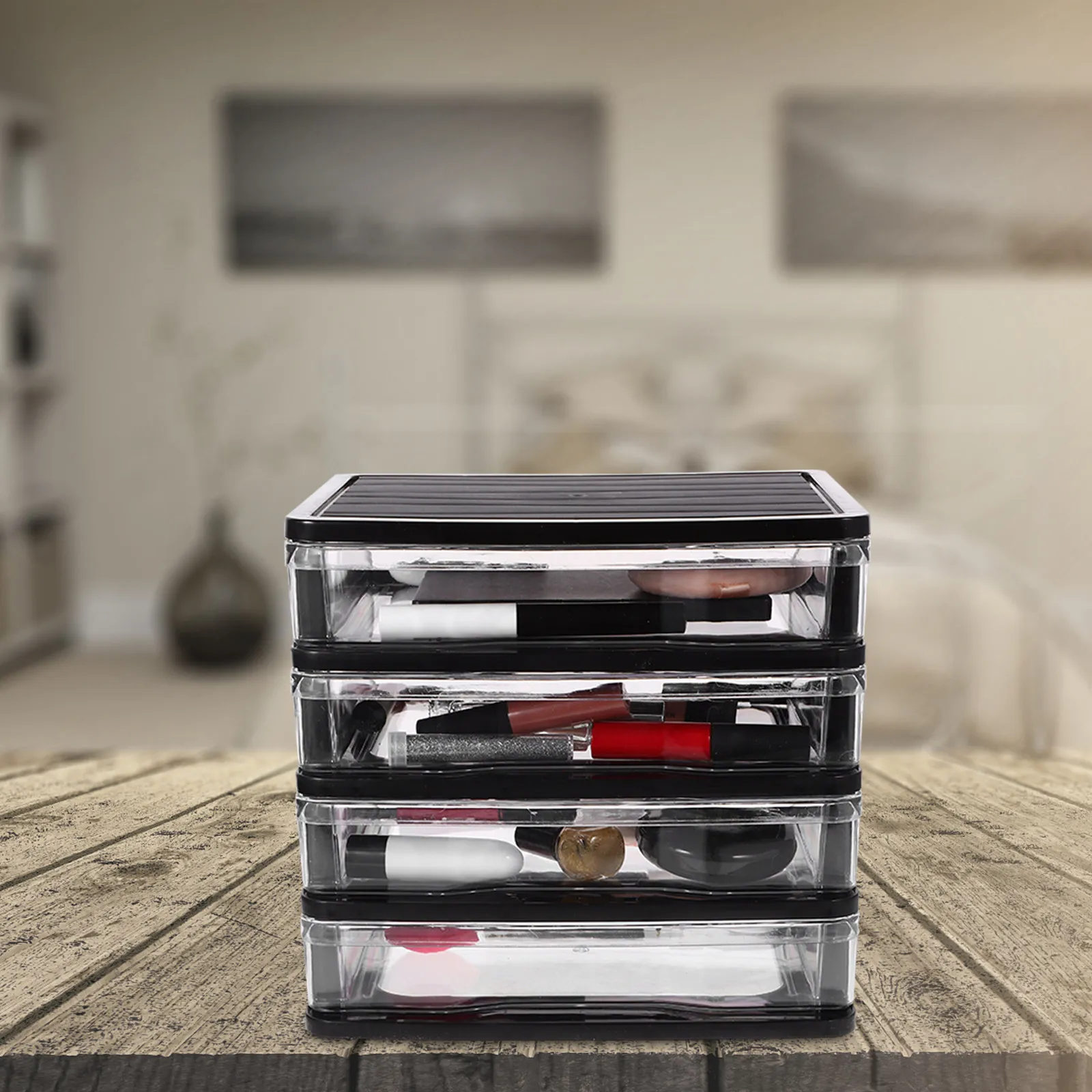 

Трехуровневый настольный органайзер с несколькими выдвижными ящиками для хранения документов, канцелярских принадлежностей, косметики и мелочей