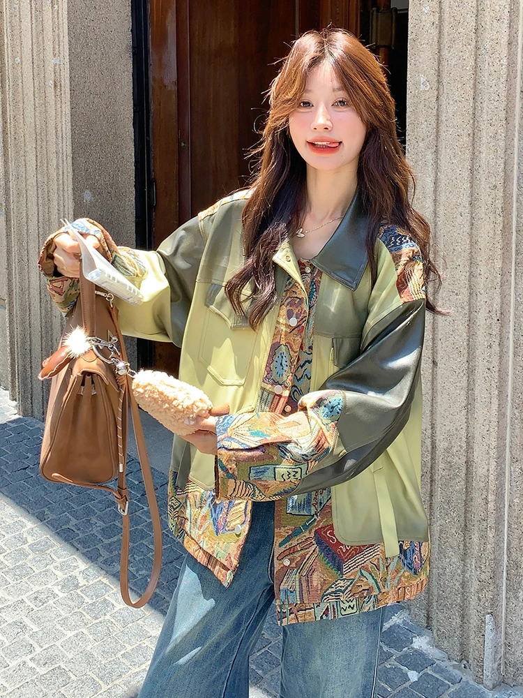 2025 Spring and Autumn New Pink Ethnic Print Leather Jacket Green Long Sleeve Turn-down Collar Loose Casual Leather Jacket