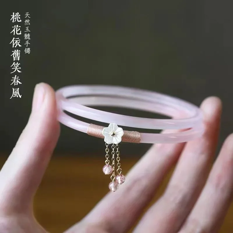 2Pcs/Set Imitate Natural Chilly Sense Peach Blossom Jelly Strips Bangles Tassel Retro Simple  Glass Women's Trend Jewelry