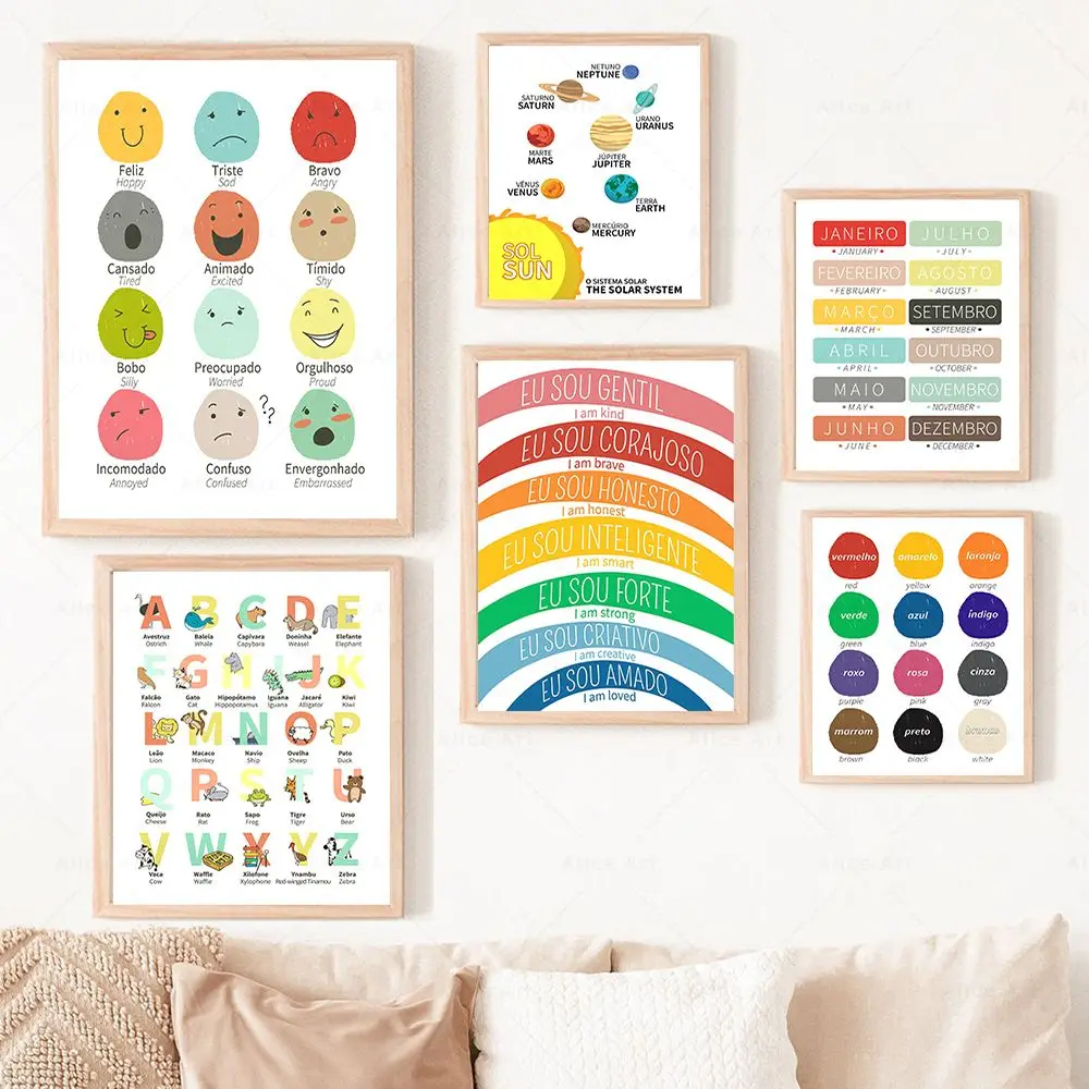 Alphabet Number Portuguese Emotional Educational Poster Affirmations Wall Art Prints Pictures Kids Playroom Children Room Decor