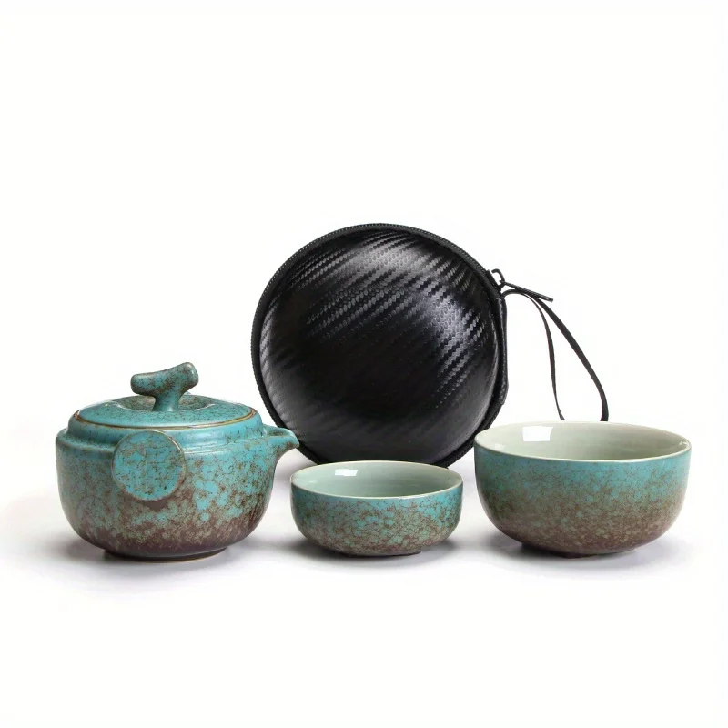 One pot, two cups travel tea set, green ceramic Kuaike cup, Kung Fu tea cup, outdoor travel tea pot set