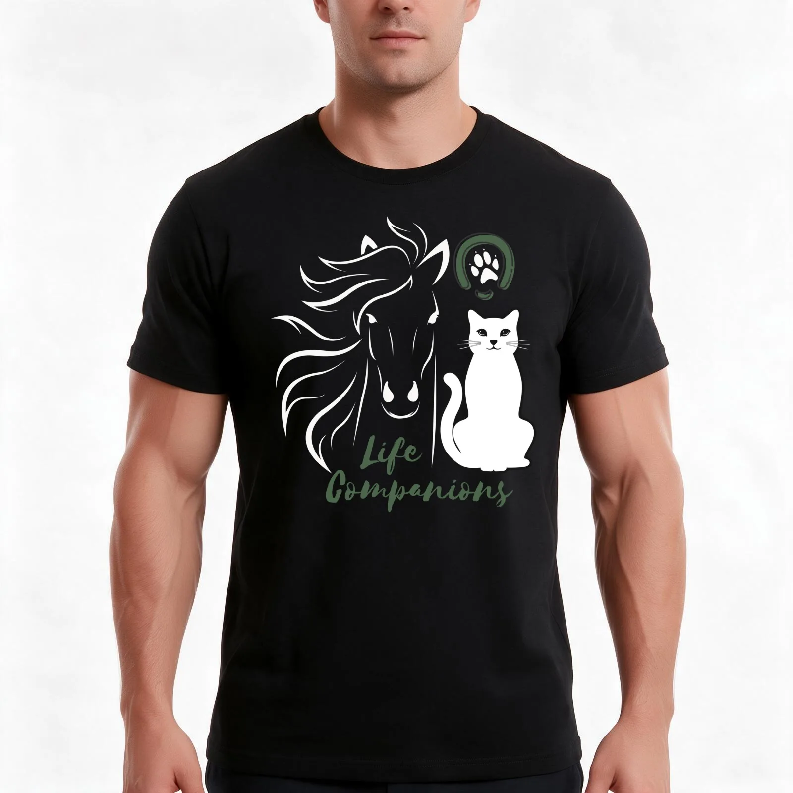 Life Companions Cat and Horse T-Shirt Summer Casual Cotton Tee Oversized Streetwear Tops Vintage Graphic Print 100% Cotton
