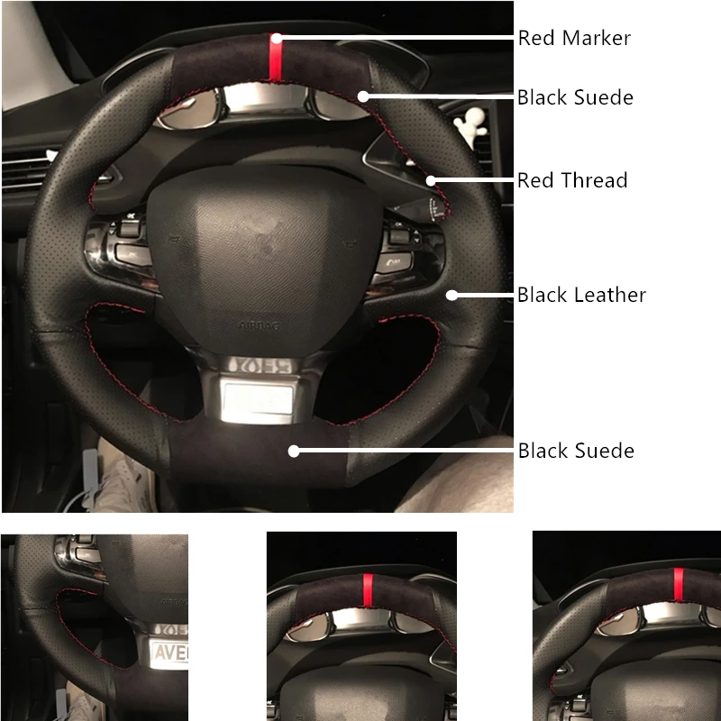 Black Leather Suede Car Steering Wheel Cover for Peugeot 308 2014 2015 2016 2017