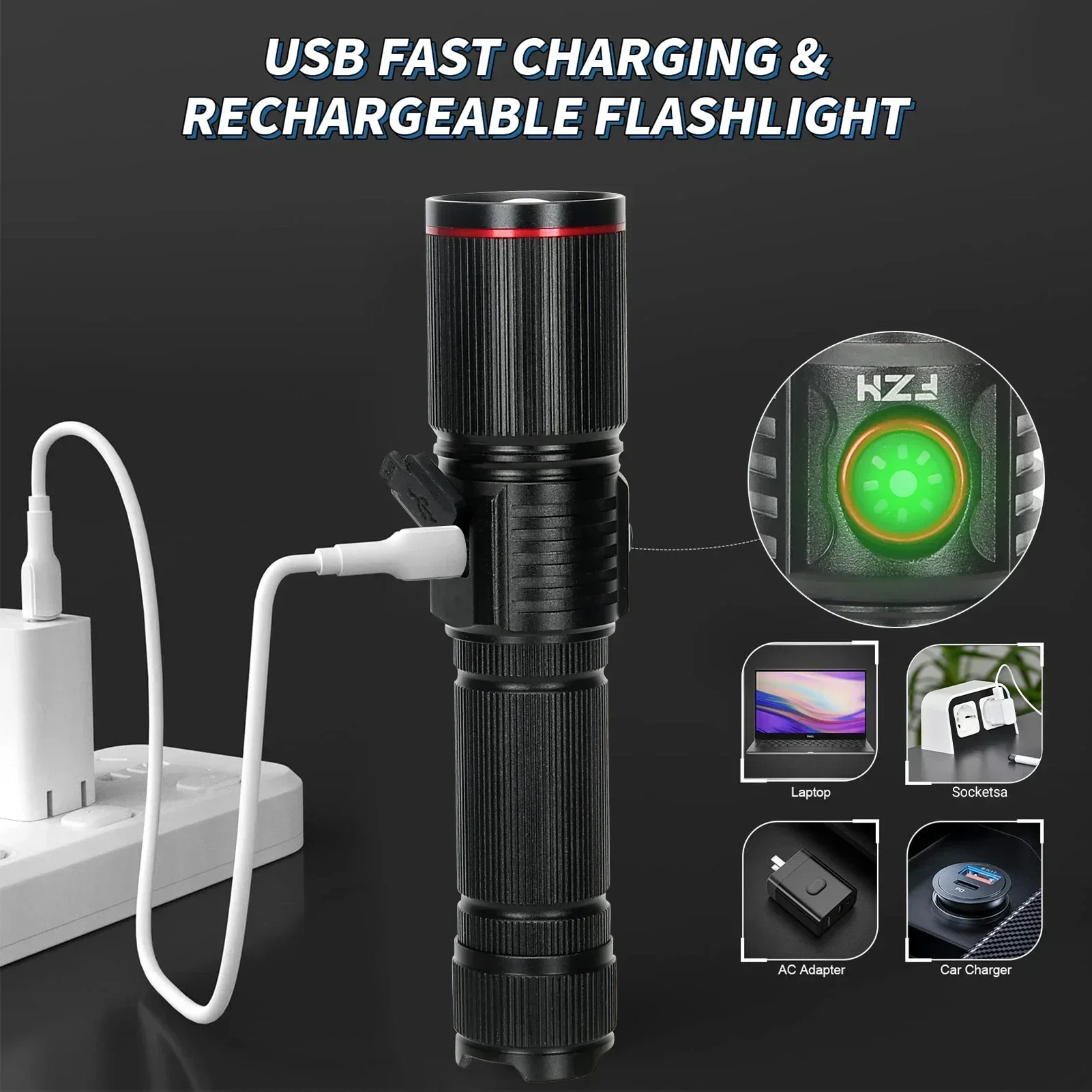 30W White Laser LED Flashlight Zoom Torch USB Rechargeable Light Outdoor Camping Hunting Fishing Walking Riding Lighting Lamp