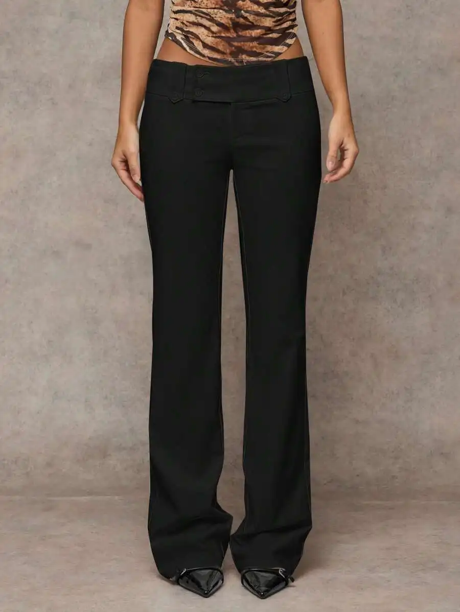 

Женские черные однотонные широкие брюки с эластичной талией и передними карманами