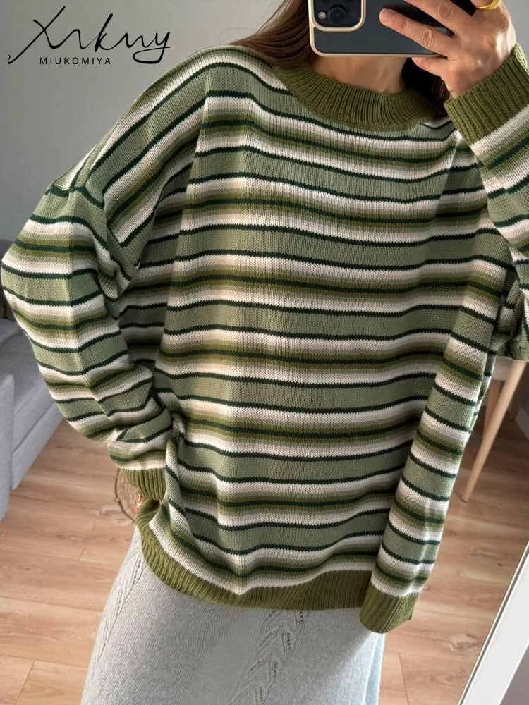 MiuKoMiYa Striped Oversized Sweaters For Women Thin Knitted Pullovers O Neck Tops Blue Women\'s Sweaters Stripe Knit Tops Autumn