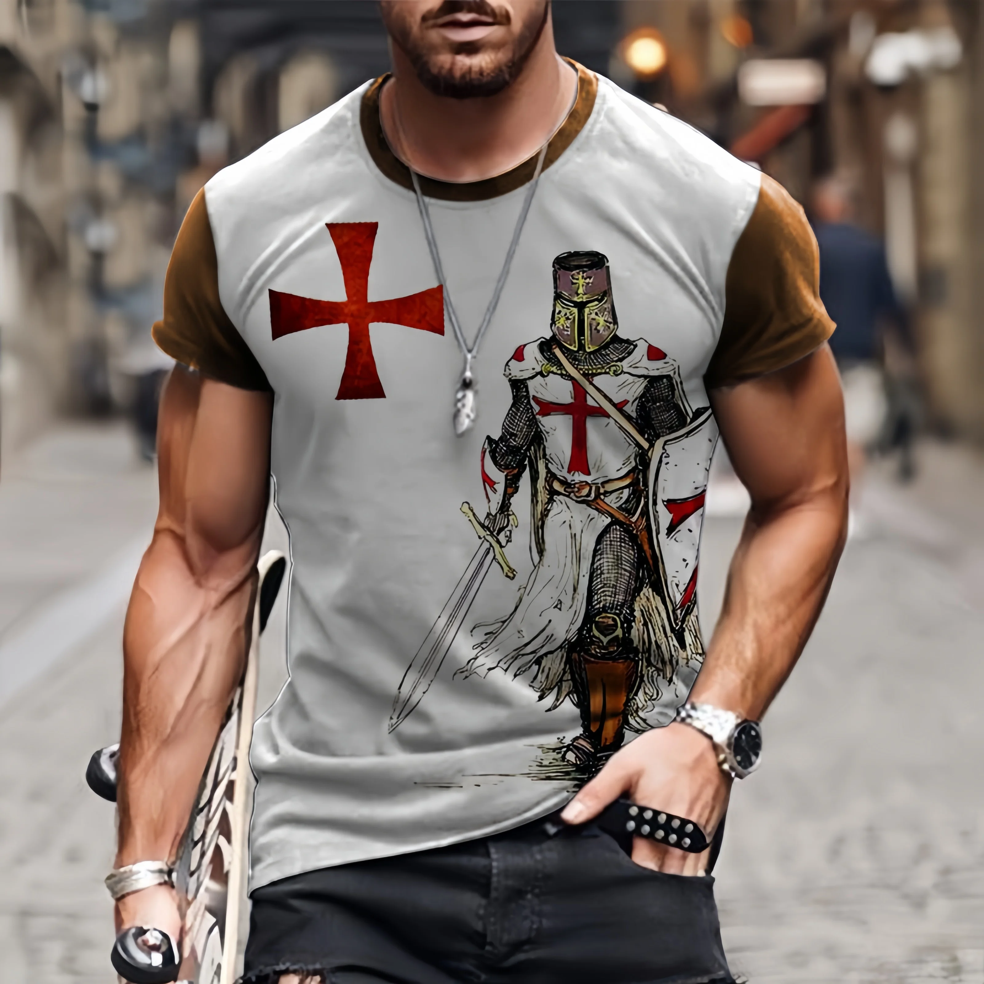 Fashion Cross Knight Graphic 3D Print T Shirt For Men Summer Breathable Comfortable Short Sleeve Tee Cool Vintage Street Clothes