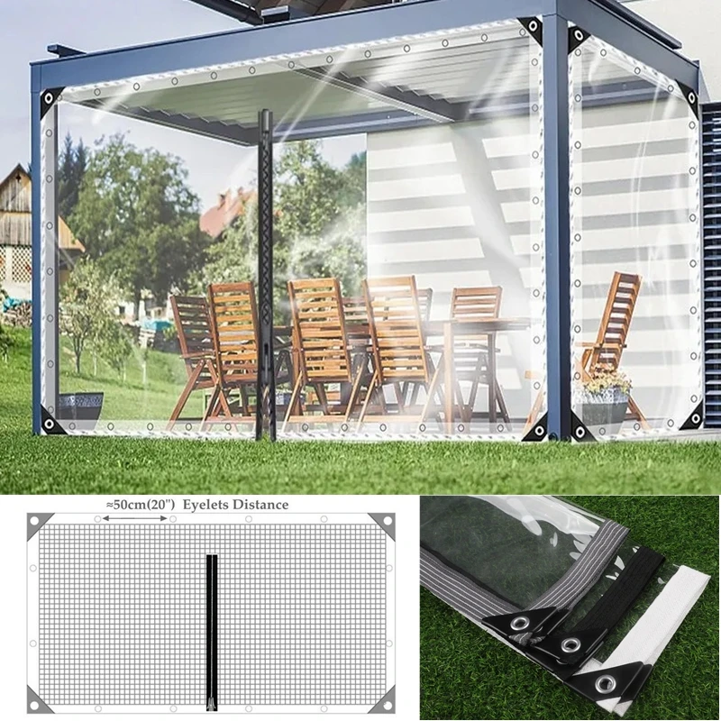 

450gsm 0.35MM Transparent PVC Tarpaulin with Zipper and Grommets Clear Tarps Tent Garage Door Waterproof Curtain