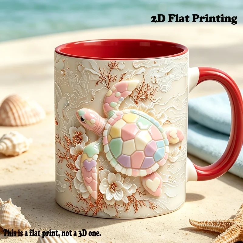 Rainbow Sea Turtle 2D Embossed Ceramic Mug Ocean Beach Coast Coffee Cup Gift for Women Marine Lovers Shell Starfish Decor
