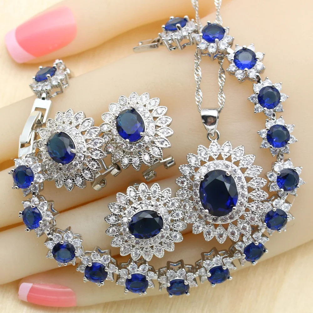 Dark Blue Zirconia For Women Jewelry Sets 925 Silver Necklace Pendant Bracelets Earrings Rings Free Gift Box