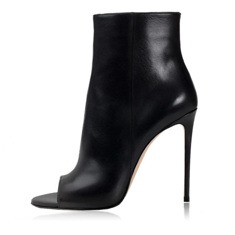 

Classic Black Matte Leather Open Toe Ankle Boots Slip On 12cm Stiletto High Heels Women Short Booties Blue Green Red