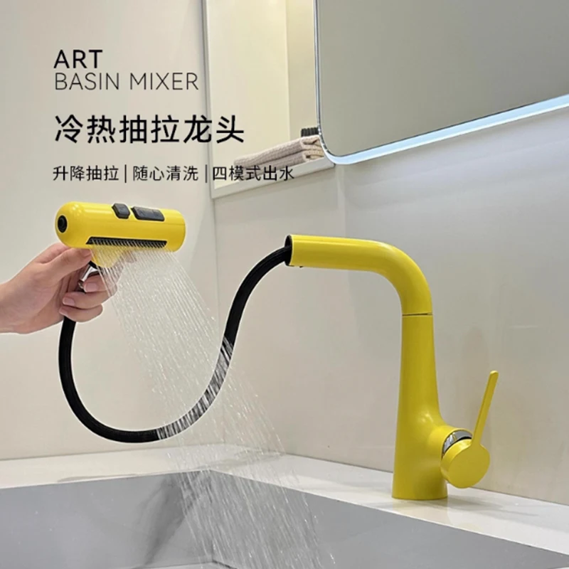 

Bathroom Pull Down Sink Faucets Deck Mount Single Hole 4 Modes Lavatory Basin Faucet Single Handle Cold and Hot Mixer Tap Yellow