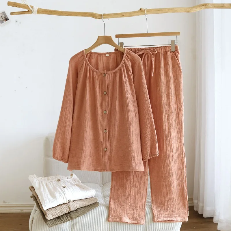 

Женский хлопково-марлевый пижамный комплект, четырехсезонный, тонкий, мягкий, дышащий, свободный, с длинными рукавами, на пуговицах, топ, брюки с эластичной резинкой на талии, домашняя одежда