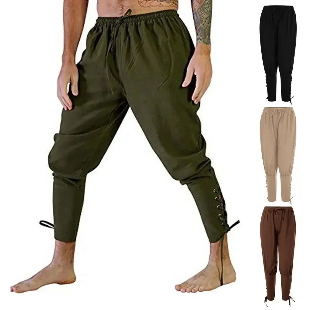 Pantaloni da pirata medievali per uomo adulto Costume da cavaliere in lino Leggings larghi Pantaloni con fasciatura per le gambe da navigatore nero