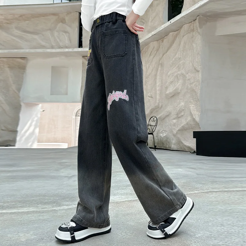 Korean Kids Gray Gradient Jeans in Black For Girls Straight Slim Fit Denim Pants Teens Child Casual Jeans Trousers With Letters