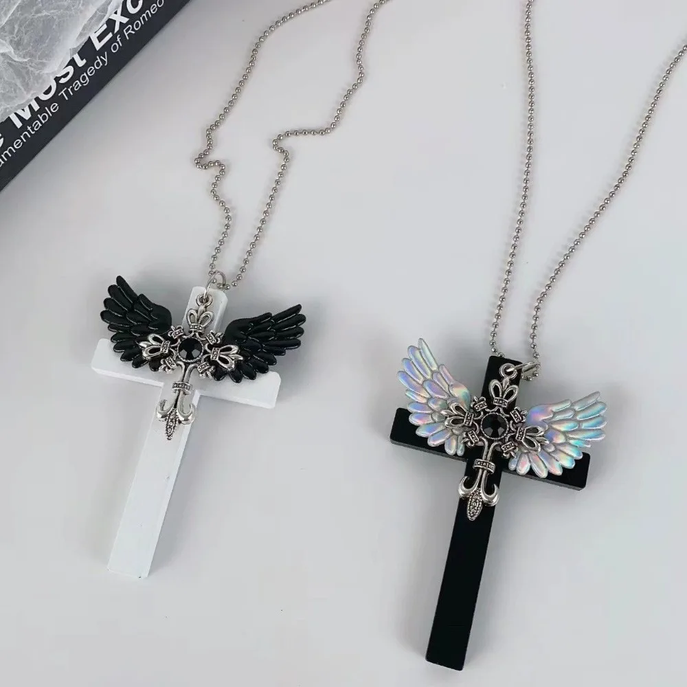 Angel Wings Pendant Necklace Gothic Punk Black White Religious Charm Jewelry Alternative Statement Accessory Gift for Couples