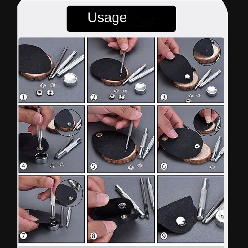 AT29-11-Piece Set 633/655/831/201 Rivet Base Snap Button Base Punching Leather Snap Button Set Silver