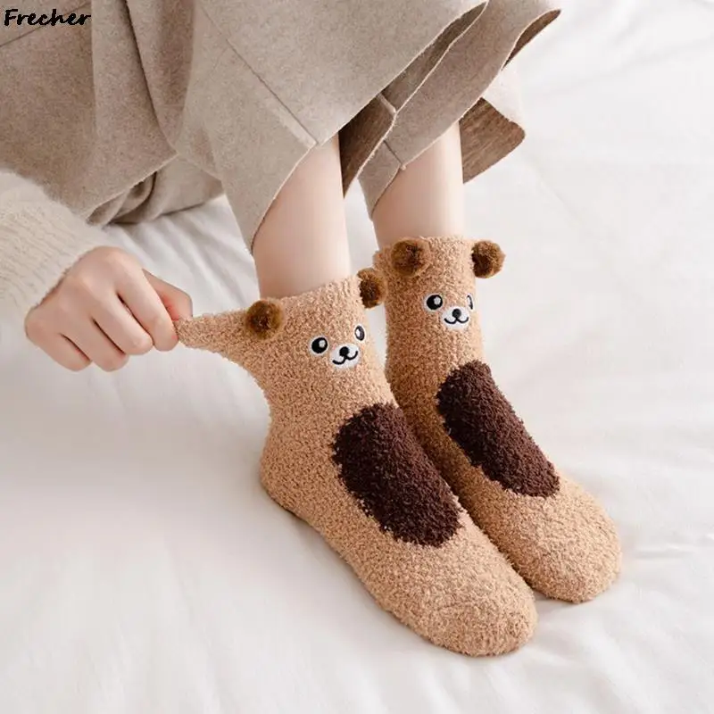 Women Cute Animal Fleece Sock Cat Soft Coral Socks Winter Plush Funny Claw Sokken Christmas Warm New Year Party Gift Footwear