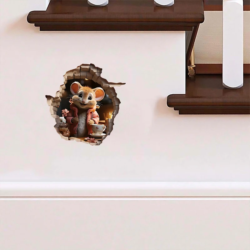 Cute Mouse Hole Wall Sticker Caffeine Enthusiast Mouse Coffee Break In Wall Hole Decal Vinyl Adhesive Mouse Singing Decor