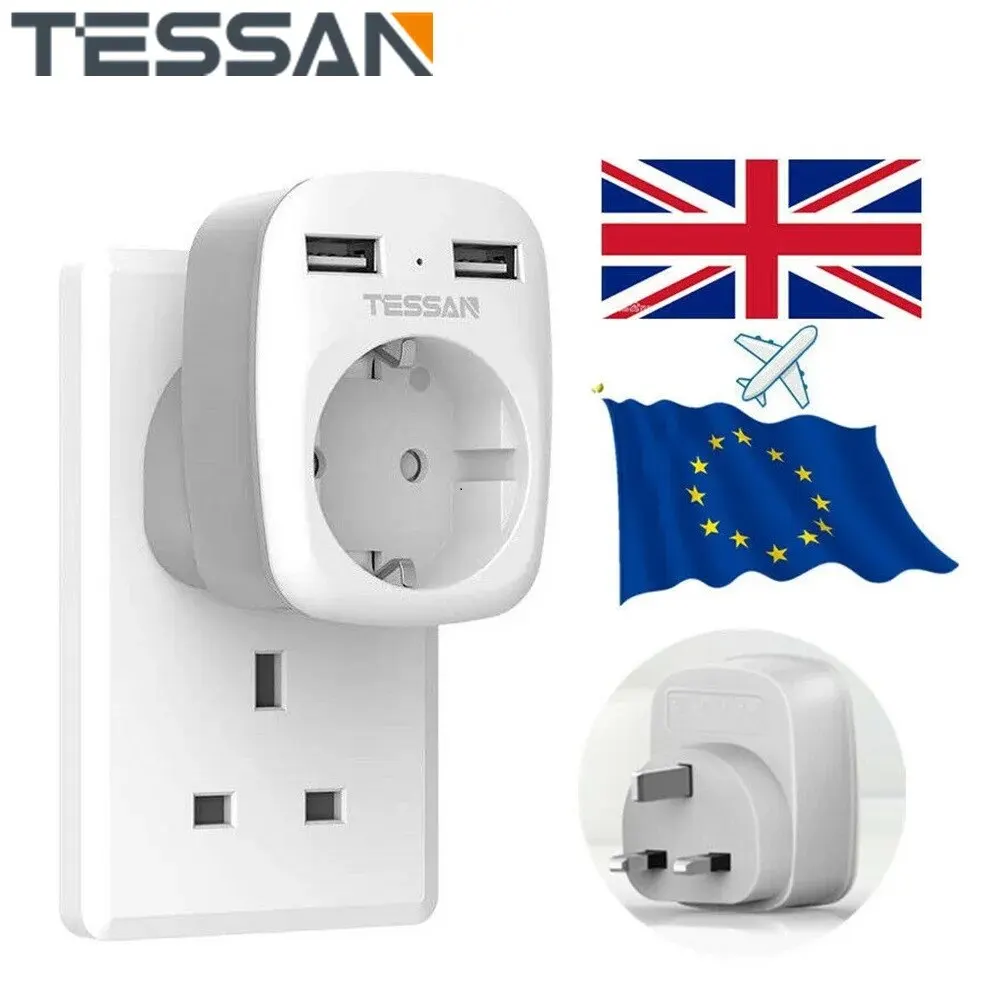 TESSAN Adapter podróżny z Europy do Wielkiej Brytanii Przenośny przedłużacz gniazda ściennego z 1 gniazdem + 2 portami USB Typ G Wtyczka Anglia