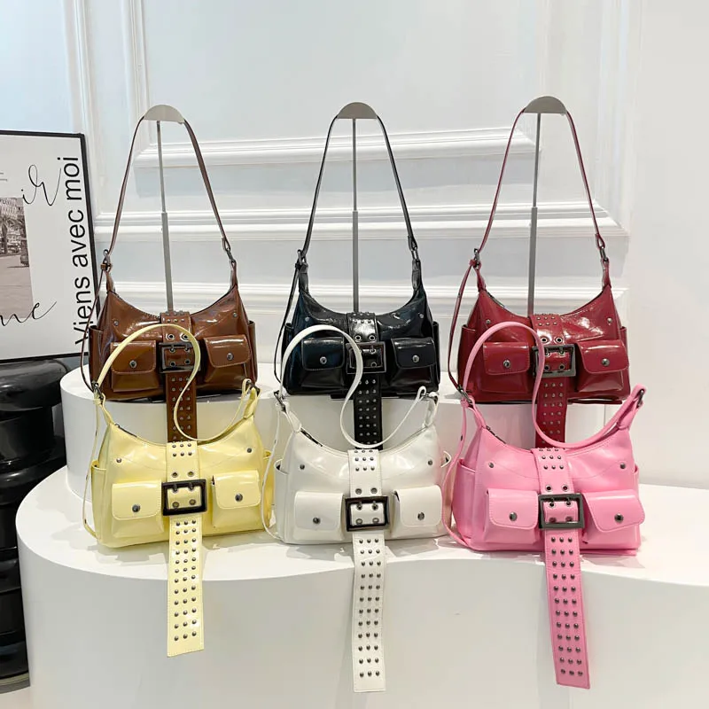 2025 جديد لامع الصلبة بولي Hot فتاة نمط حقائب كتف المسامير جيوب متعددة المألوف الساخن العصرية حقائب كروسبودي للنساء #5