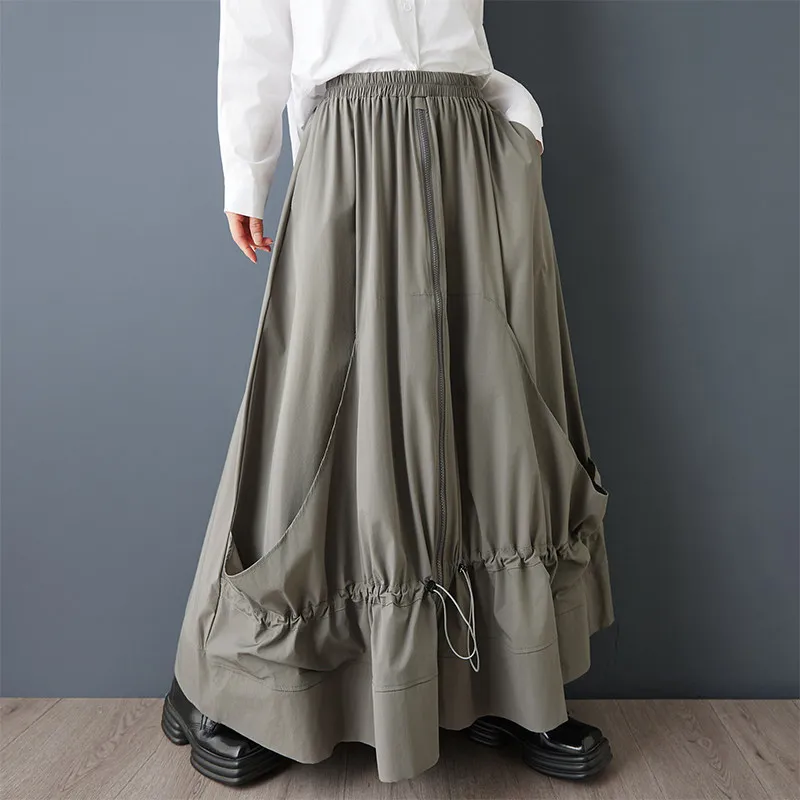 

SuperAen Zipper Decorated Long Skirts for Women's Fashion Loose Asymmetrical Patchwork Drawstring Japan-style Skirts