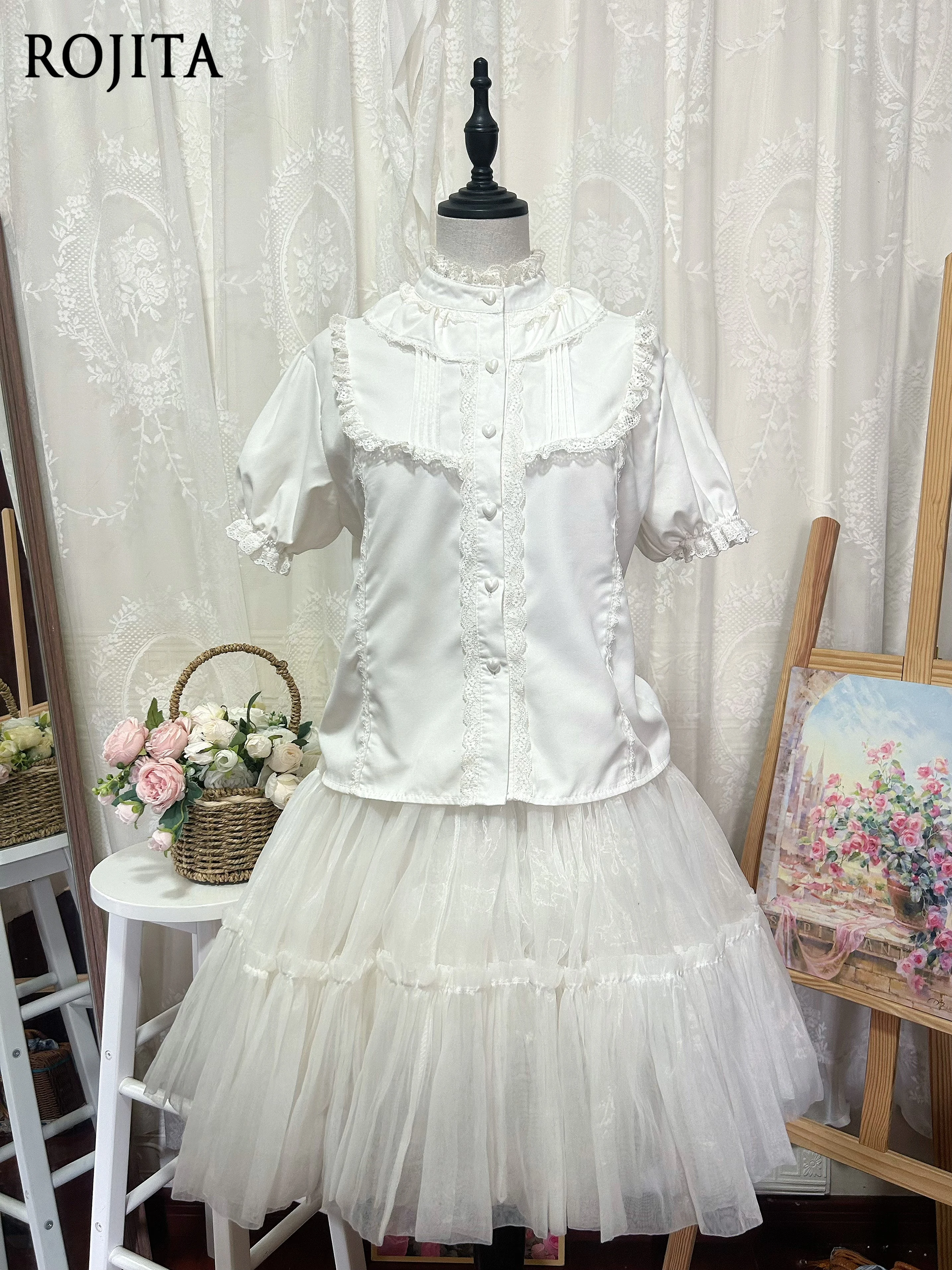 

White Shirt Kawaii Classic Lolita Blouse Ruffle Lace High Collar Puff Sleeve Button Down Shirt Lolita Inner Doll Collar Shirt