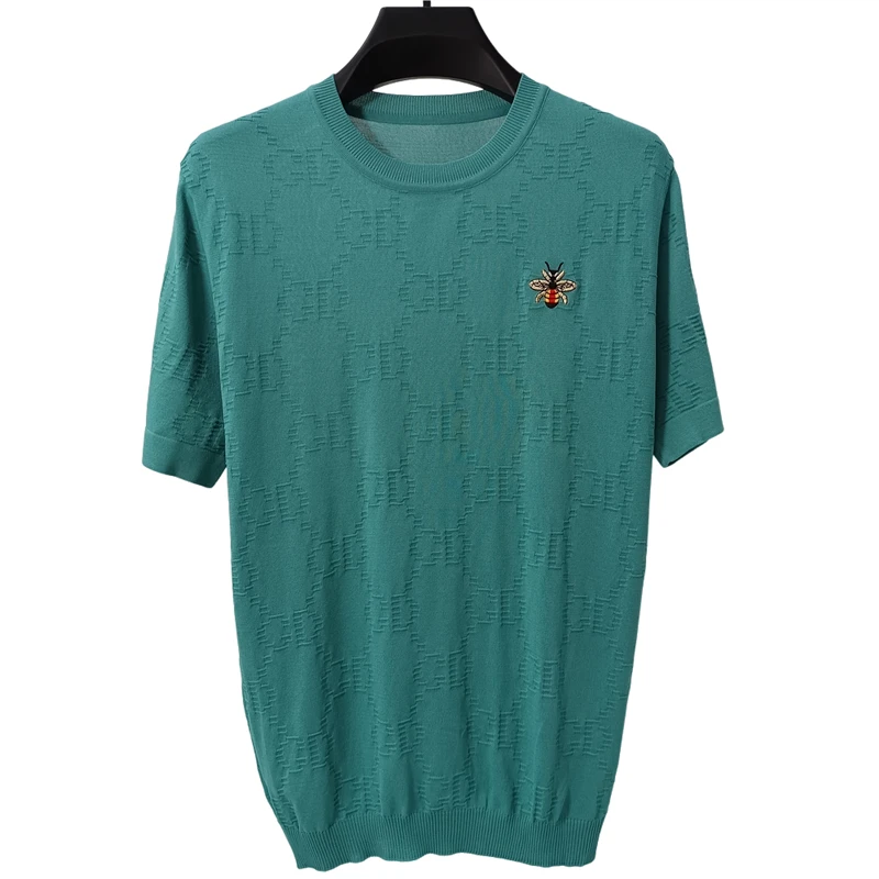 Men\'s Summer New Ice Silk Short Sleeve Exquisite Embroidery O-Neck Pullover T-Shirt Seamless Casual Breathable Top Men\'s Wear