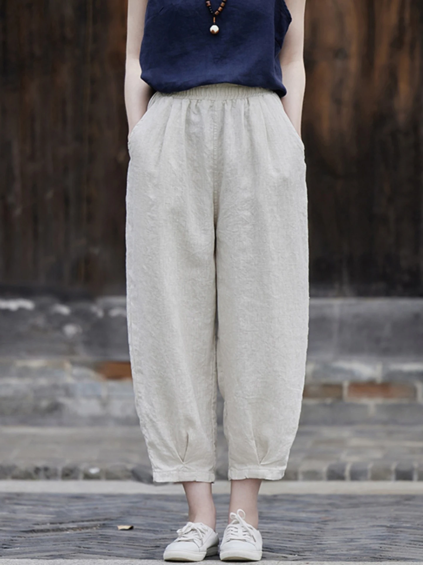 

Women's Cotton Linen Casual Pants 2026 New Style Slimming Nine Points Summer Thin Loose Artistic Dungaree Pants