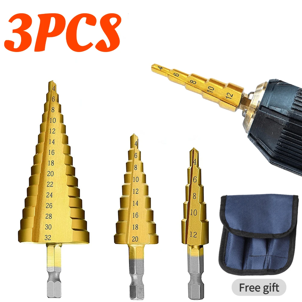 

4-12/4-20/4-32mm Step Drill Titanium Plated Hexagonal Shank Straight Groove Pagoda Drill Drilling Tool Accessory Set Tool