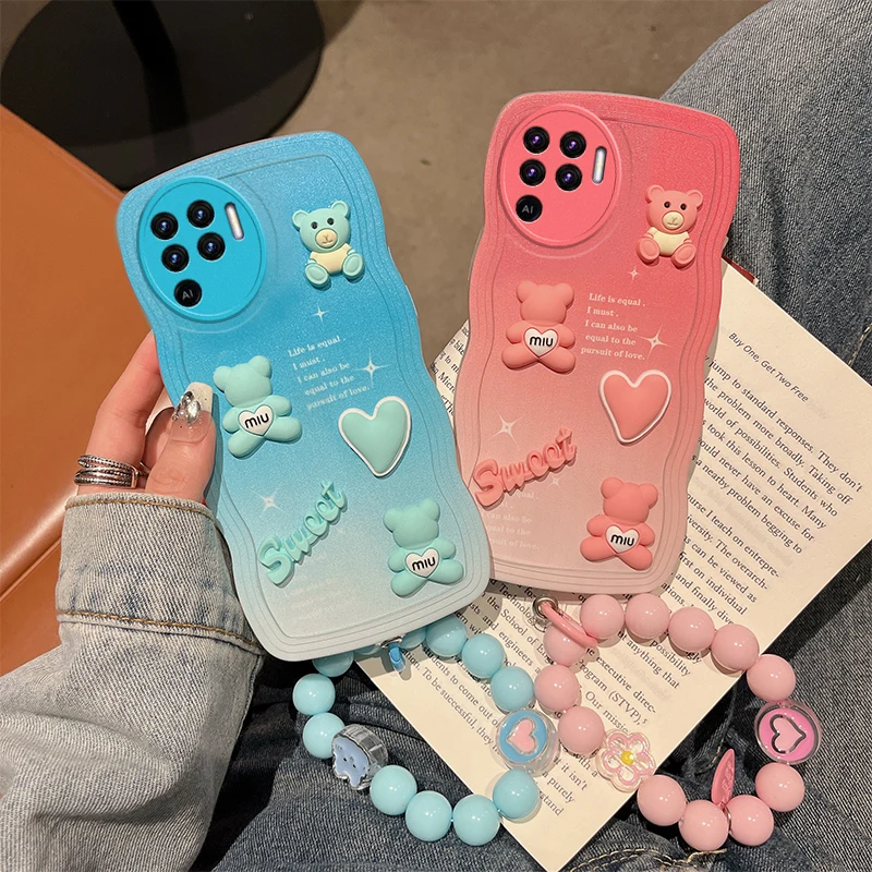 For Reno5 F Phone Case 3D Cute Cartoon Bear Bracelet Soft Silicone Phone Case For Oppo Reno5 Lite F F19 Pro A94 4G Back Cover 94