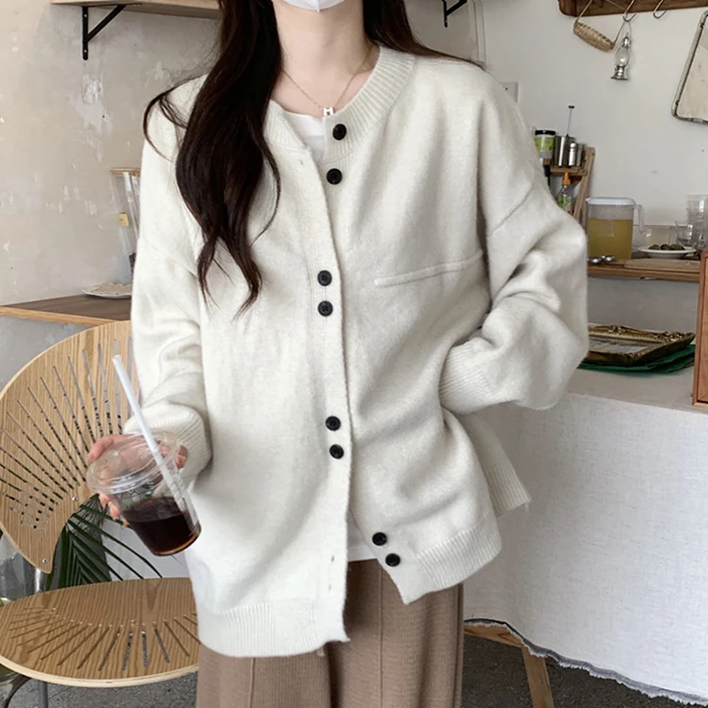 Vintage Grey Sweater Cardigan Women Korean Preppy Style Loose O Neck Knitted Jacket Autumn Sweet Casual All Match Female Coat