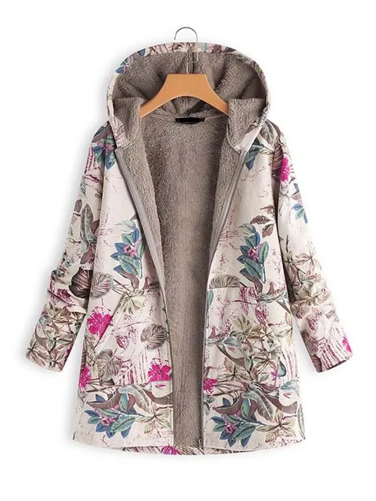 2023 New Women Winter Warm Floral Hooded Jacket Flower Print Hoody Vintage Oversized Coats Winter Padded Jacket Women Parkas